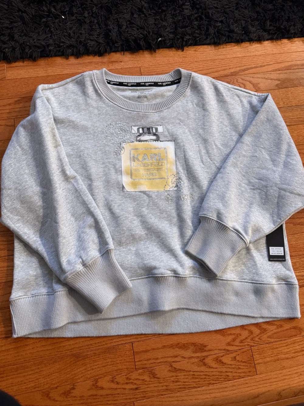 Karl Lagerfeld Gray Sweatshirt with Yellow Gold Perfume Bottle Motif